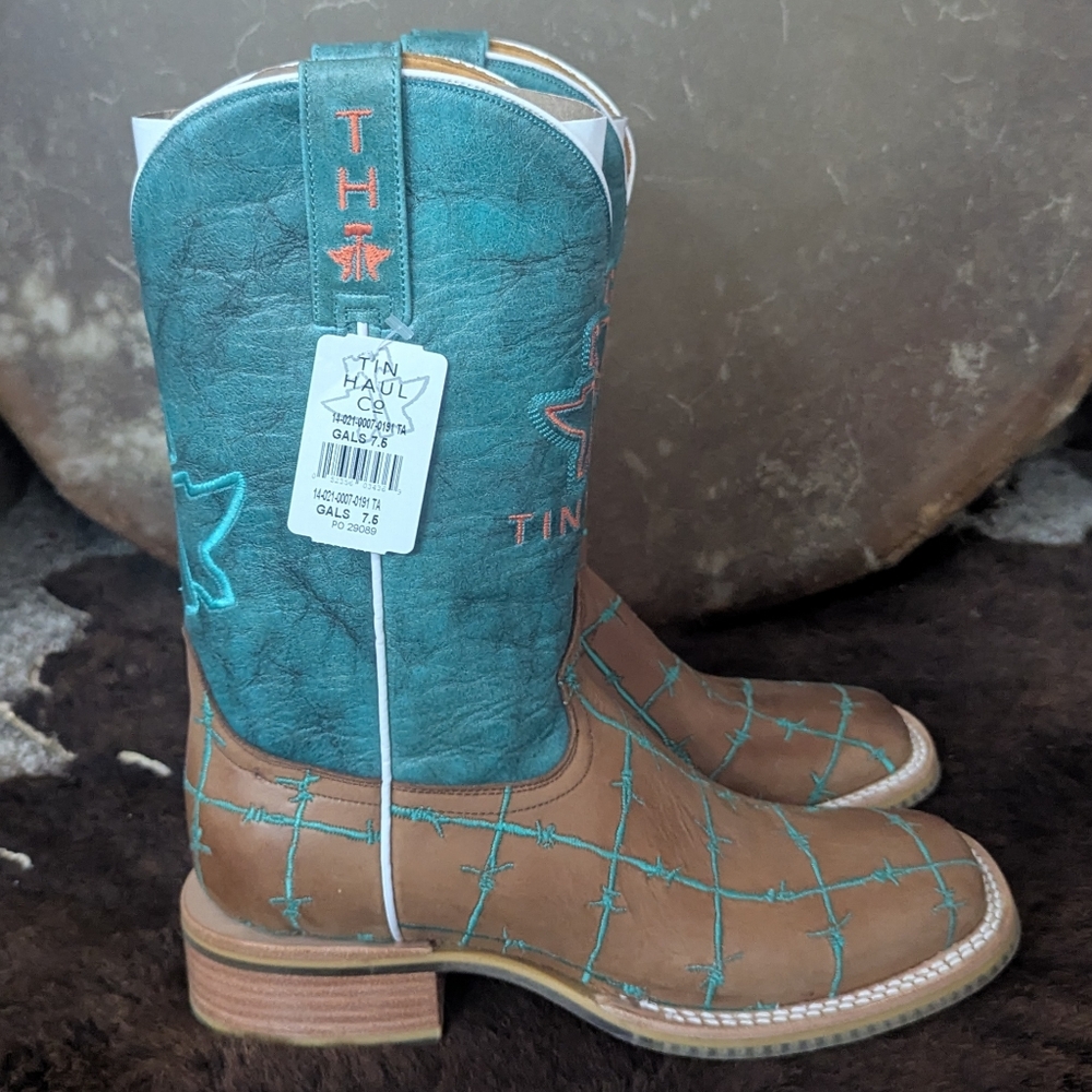 TIN HAUL "Barb'd Wire" turquoise & brown leather square toe cowgirl boots sz 7.5 - Picture 10 of 16